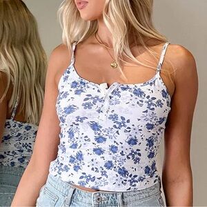 Beginning Boutique Andie Floral Blue White Cotton Singlet Women's Tank Top 6